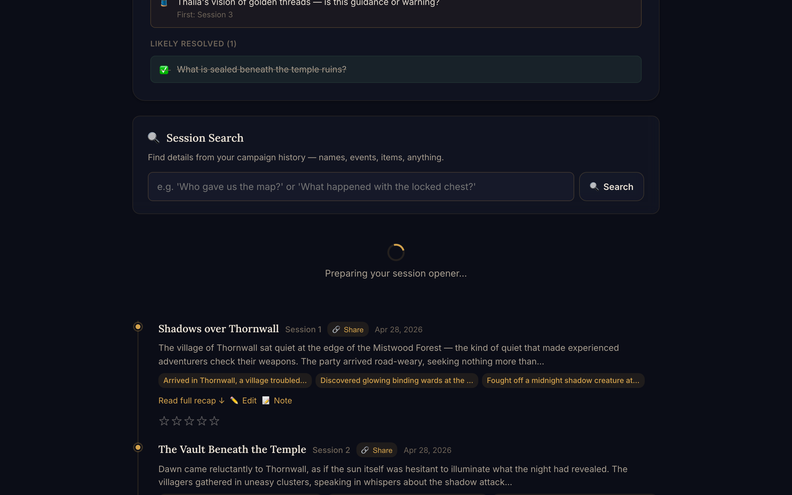 Previously On session opener with cinematic summary text
